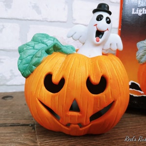 Vintage Ceramic Halloween Pumpkin Jack O Lantern With Ghost From Fabri ...