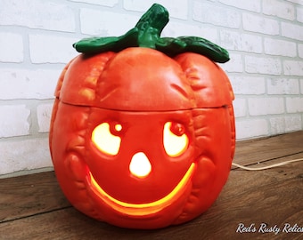 Vintage Ceramic Lighted Halloween Pumpkin Jack O Lantern