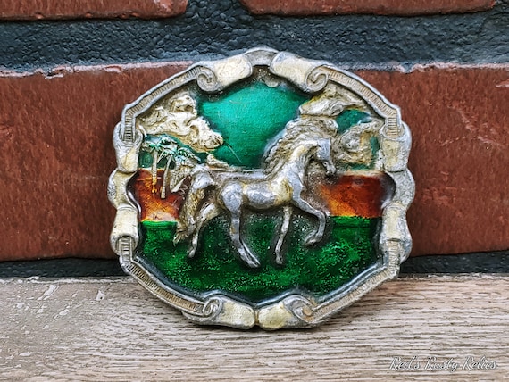 Vintage Horse Bergamont Brass Belt Buckle BERGAMONT BRASS WORKS 1974 BUCKLE HORSE FANCY SCROLL SILVER  main image 3