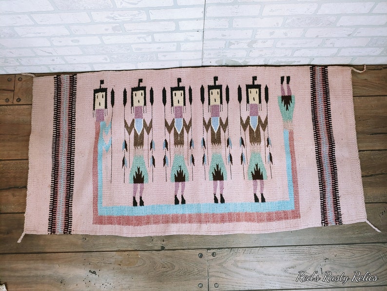 Pink Native American Indian Textile Navajo Yei Rug Hanging 59x29.5 image 1