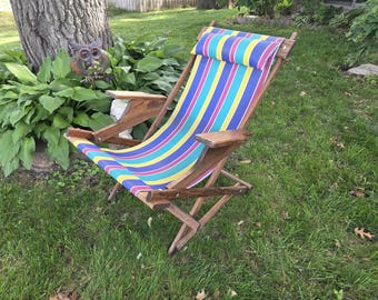 Vintage Metal Stiped Fabric Folding Garden/Lawn/Beach Lounge Sling Chair