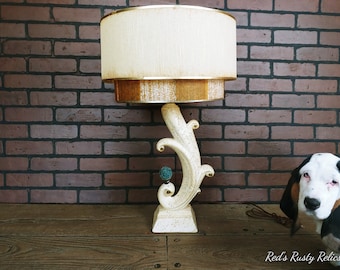 Atomic Double Light Lamp Off White/Cream/ Ivory Lamp with Double Fiberglass/Parchment Tiered Shade