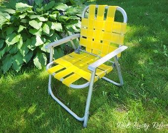 Mid Century Vintage Yellow Child Size Webbed and Aluminum Folding Garden/Lawn Lounge Chair