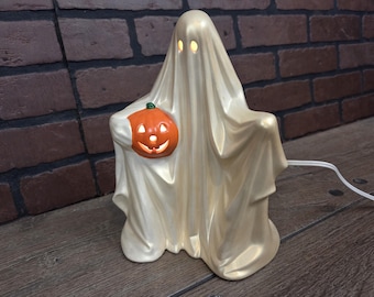 Ceramic Lighted Halloween Ghost with Jack o Lantern