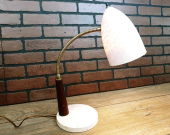 MCM Mid Century Modern Fiberglass with Teak Wood Accent Gold/Brass Gooseneck  Lamp