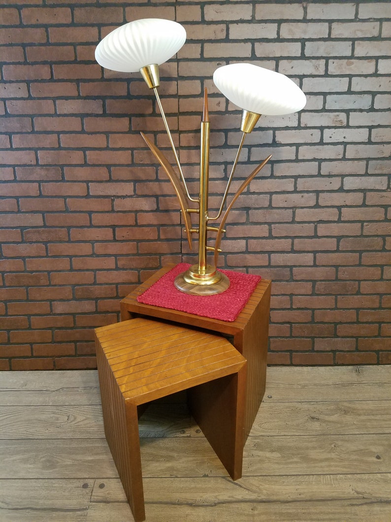 Mid Century Danish Style White Saucer Table Lamp Sculpural Teak Surfboard Base