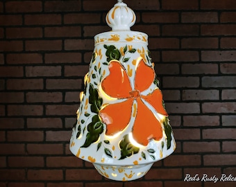 Mid Century Cut Out White Ceramic Orange Flower Chain Hanging Swag Lamp