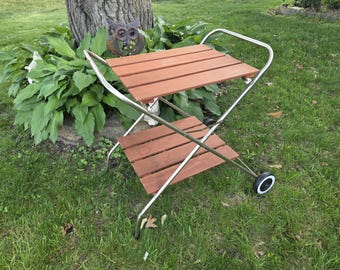 Vintage Wood and Metal Foldable Outdoor Serving Bar Cart