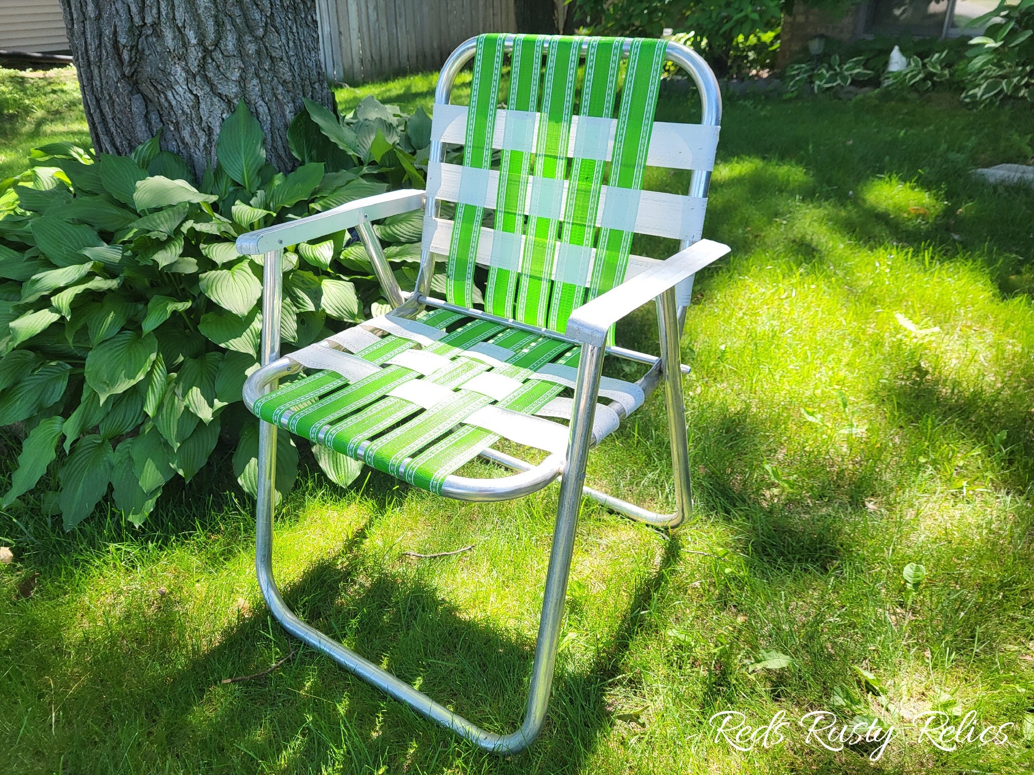 Mid Century Vintage Green and White Webbed and Aluminum Folding