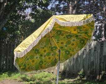 Groovy Yellow Flower Umbrella Patio Umbrella with Fringe
