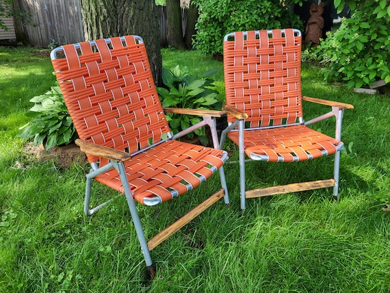 Pair of Vintage Telescope Folding Furniture Tube White and Orange Vinyl Strap Folding Garden lawn Lounge Chairs Etsy