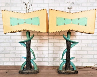 Pair Mid Century Chalkware Table Lamps Sculptural Abstract Black and Turquoise with Fiberglass Shades and Exquisite Finials