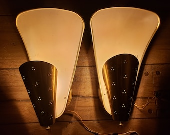 Pair of Atomic Mid Century Modern Starlight Brass/Gold Tone Cream Wall Sconces Lamp Carl-Axel Acking Inspired