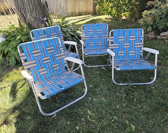 Vintage White and Blue Webbing and Aluminum Folding Garden/Lawn/Beach Chair