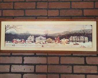 Impression Norman Rockwell Noël hiver « Main Street Stockbridge » des années 1990