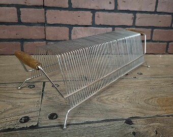 Mid Century MCM Silver Wire Record Holder with Wood Handles