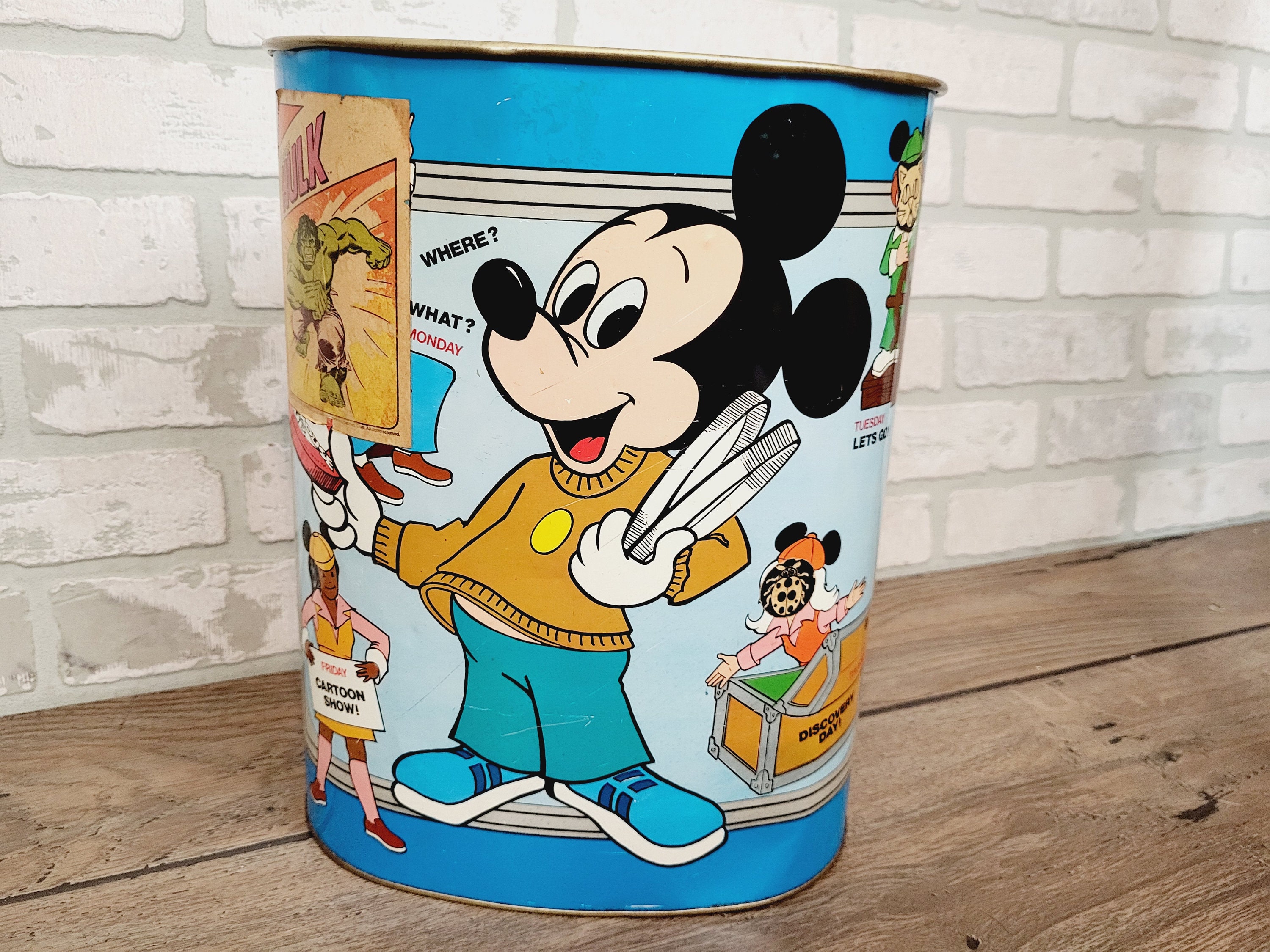 Cheinco Mickey Mouse Club Waste Basket Trash Can With Vintage Hulk