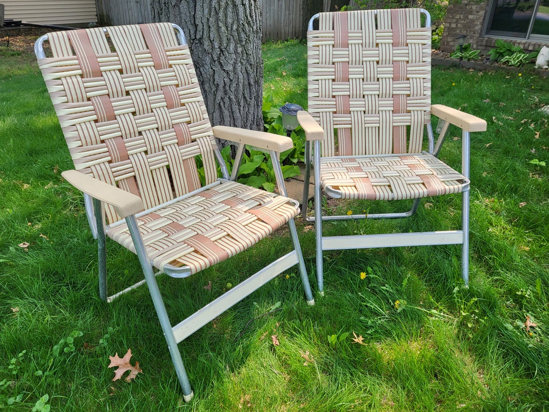 Mid Century Pair of Vintage Brown Cream Webbed and Plastic Tube Aluminum Folding Garden lawn Lounge Chairs Etsy