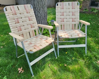 Mid Century Pair of Vintage Brown & Cream Webbed and Plastic Tube Aluminum Folding Garden/Lawn Lounge Chairs