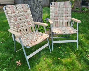 Mid Century Pair of Vintage Brown & Cream Webbed and Plastic Tube Aluminum Folding Garden/Lawn Lounge Chairs