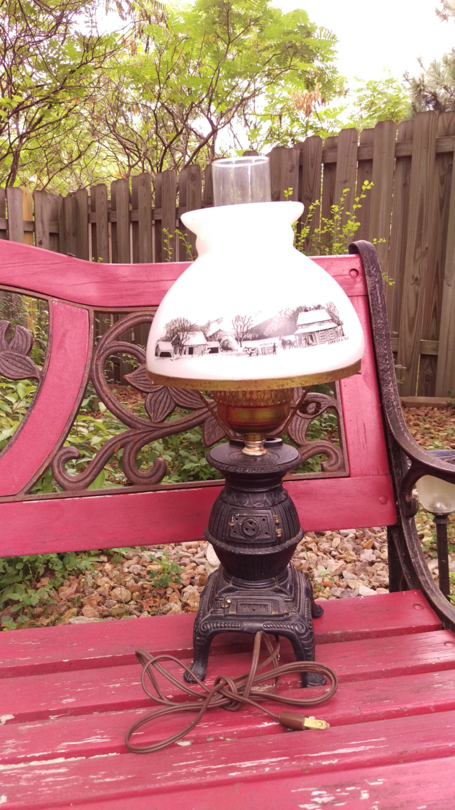Vintage Cast Iron Pot Belly Stove Lamp with Currier and Ives Etsy