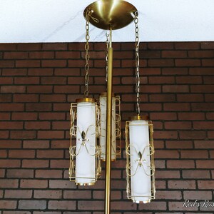 Retro Brass 3 Chain Hanging Fleur de Lis Lantern Tension Pole Lamp image 4