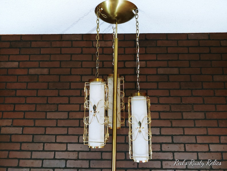 Retro Brass 3 Chain Hanging Fleur de Lis Lantern Tension Pole Lamp image 4