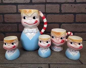 Vintage Mid-Century Yum-Ee-Yum Boy Ceramic Pitcher, 3 Milk Cups, 1 Milk Mug and  by Ray-Gee in Japan
