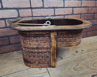 Vintage Antique Brown Wicker Stair Step Basket w Metal Handle