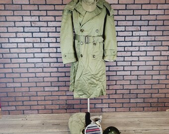 Vintage Korean War Era U.S. Army OG-107 Cotton Field Overcoat, Helmet and Canteen