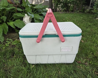 The Picnic Basket White, Pink and Teal Plastic Cooler