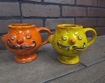 Vintage 1969 Set of Ceramic Face Mustache Mugs By Pacific Stoneware
