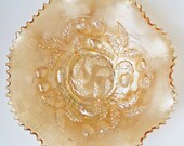Carnival Glass Bowls Embossed Strawberry Peach Colour Design From Imperial Or Northwood Glass - Circa 1910-30.