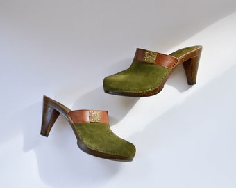 green suede clogs