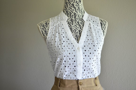Cotton Eyelet Blouse / Minimalist White Cotton Top