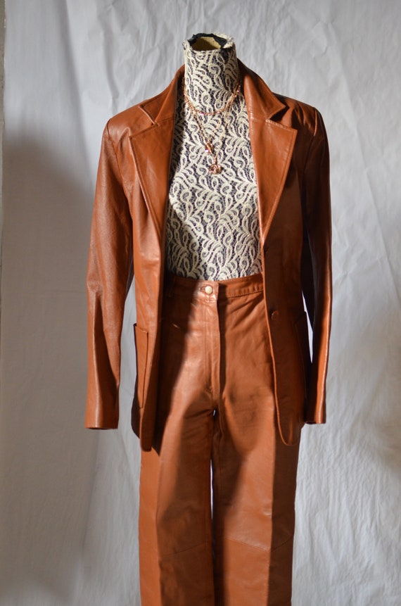 70s Leather Pants Suit/ camel 2 piece set/ womens