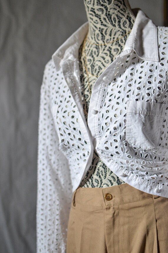 White button down blouse / eyelet blouse womens/ o