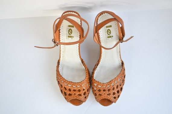 Vegan leather tan peep toe huarache wedge sandals