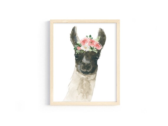 Llama Print Decor Llama With Flower Crown Watercolor | Etsy