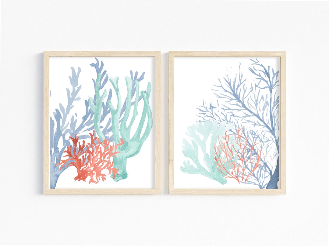 Sea Coastal Wall Art Set for Bathrooms, Coral and Seaweed, Beach Decor ...