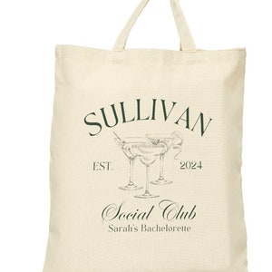 Custom and Personalized Social Club Bachelorette Party Tote Bag, Simple Neutral Gifts for Bach, Cocktails, Martinis, Bridesmaids, Bride