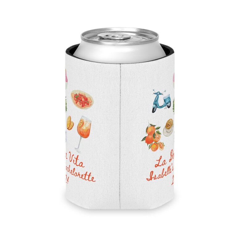 May include: White can cooler with a colorful Italian-themed design. The design includes a scooter, oranges, a glass of Aperol Spritz, and the text "La Dolce Vita Isabelle's Bachelorette 2024".