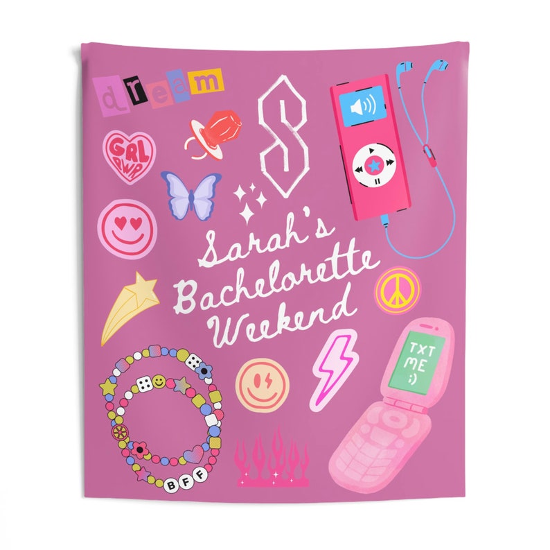 May include: A pink bachelorette party poster with the text "Sarah's Bachelorette Weekend" and various 90s-themed icons, including a peace sign, a lightning bolt, a star, a butterfly, a heart, a smiley face, a flip phone, a cassette player, and a beaded bracelet.