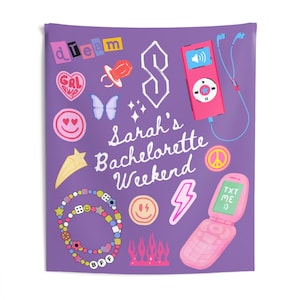 May include: Purple background with various 90s and early 2000s themed illustrations.  The text "Sarah's Bachelorette Weekend" is written in white cursive.  There are illustrations of a cell phone, a boombox, a peace sign, a lightning bolt, a shooting star, a butterfly, a heart with eyes, a bracelet with dice and smiley faces, a bracelet with flowers and the letters BFF, a flame, a girl power sticker, a dream sticker, and a sticker with the letter S.