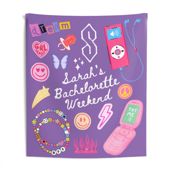 CUSTOM Y2K 2000s Bachelorette Party Wall Tapestry, Photo Booth Background, Bachelorette Party Decor, Balloon Arch Flag, old school, doodles