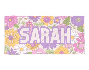 CUSTOM Name, Garden Floral Party Bachelorette Beach Towel, pink and purple, Flower theme Pool Party Towels, Gifts for Brides and Bridesmaids