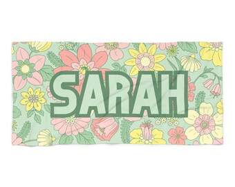 CUSTOM Name, Garden Floral Party Bachelorette Beach Towel (pink and green), Flower theme Pool Party Towels, Gifts for Brides and Bridesmaids