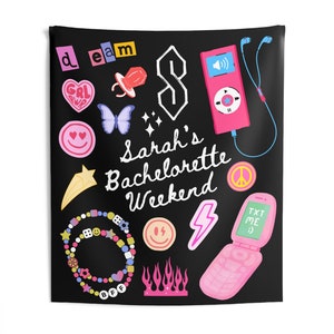 May include: A black background with colorful illustrations of a peace sign, a lightning bolt, a star, a butterfly, a heart, a phone, a bracelet, a flame, a smiley face, a dice, a cassette player, a pacifier, a girl power pin, a BFF charm, a dream sticker, and the text "Sarah's Bachelorette Weekend".