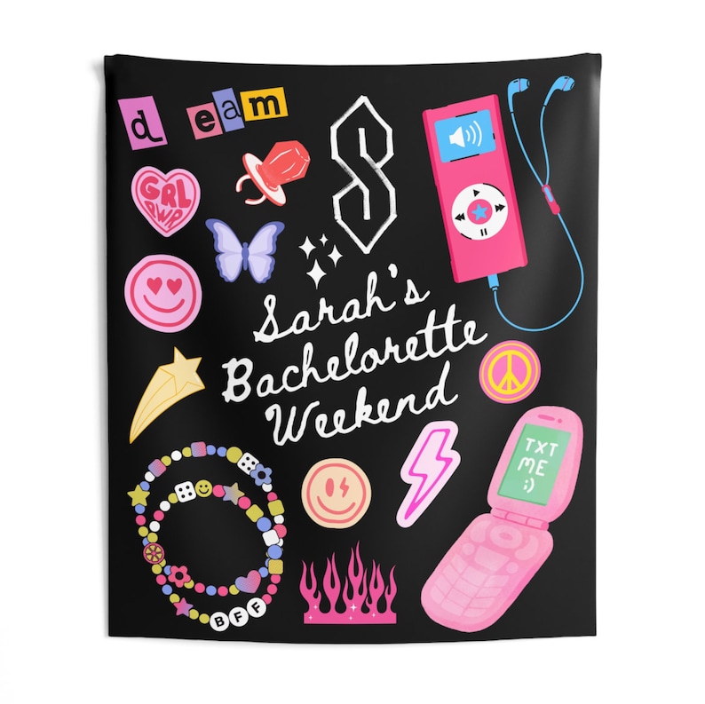 May include: A black background with colorful illustrations of a peace sign, a lightning bolt, a star, a butterfly, a heart, a phone, a bracelet, a flame, a smiley face, a dice, a cassette player, a pacifier, a girl power pin, a BFF charm, a dream sticker, and the text "Sarah's Bachelorette Weekend".