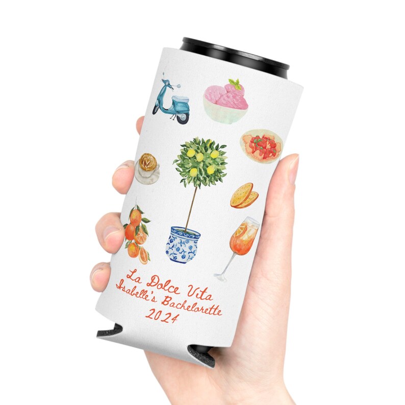 May include: White can cooler with a watercolor design featuring a scooter, a lemon tree, a glass of Aperol Spritz, and other Italian-inspired imagery. The text "La Dolce Vita Isabelle's Bachelorette 2024" is printed on the cooler.